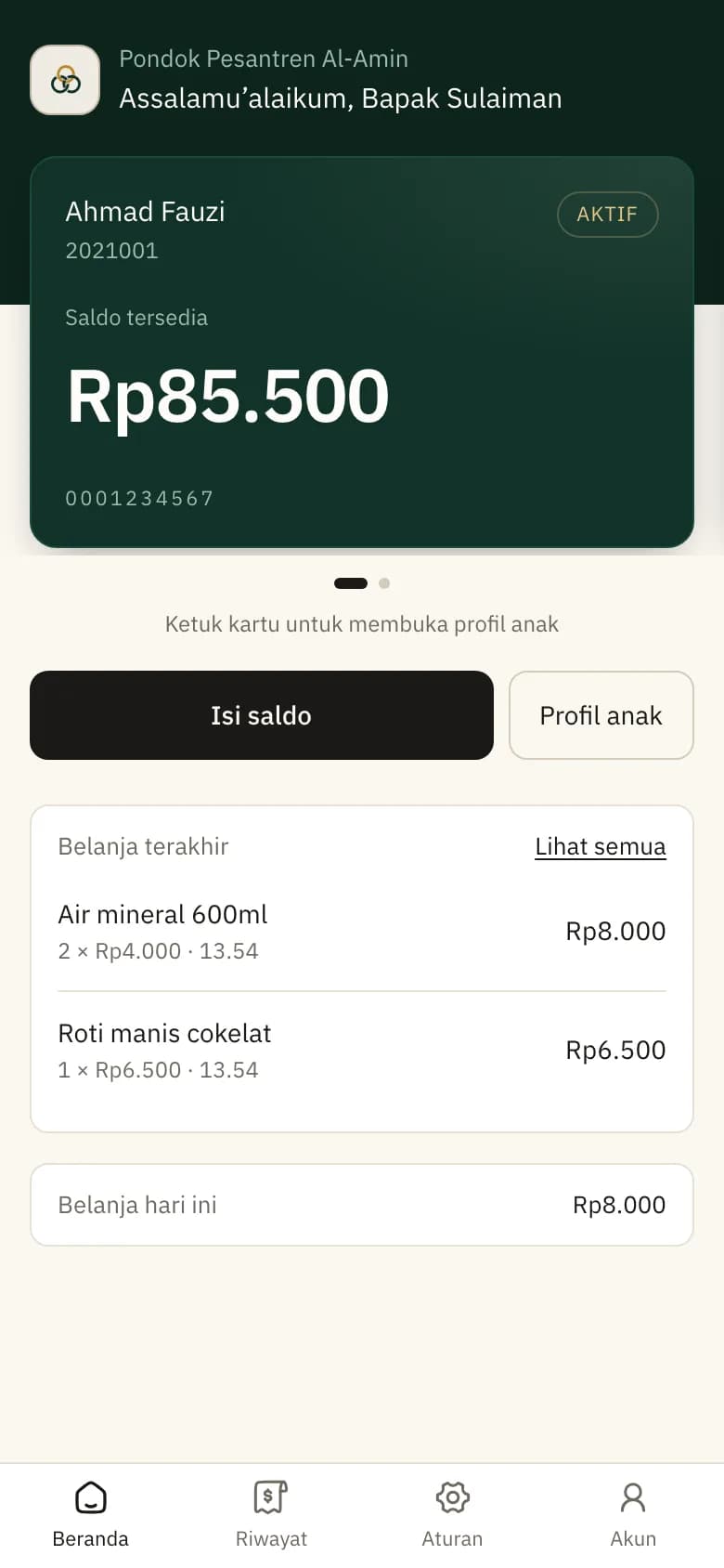 Aplikasi wali: kartu saldo tiap anak, belanja terakhir, dan menu di bawah