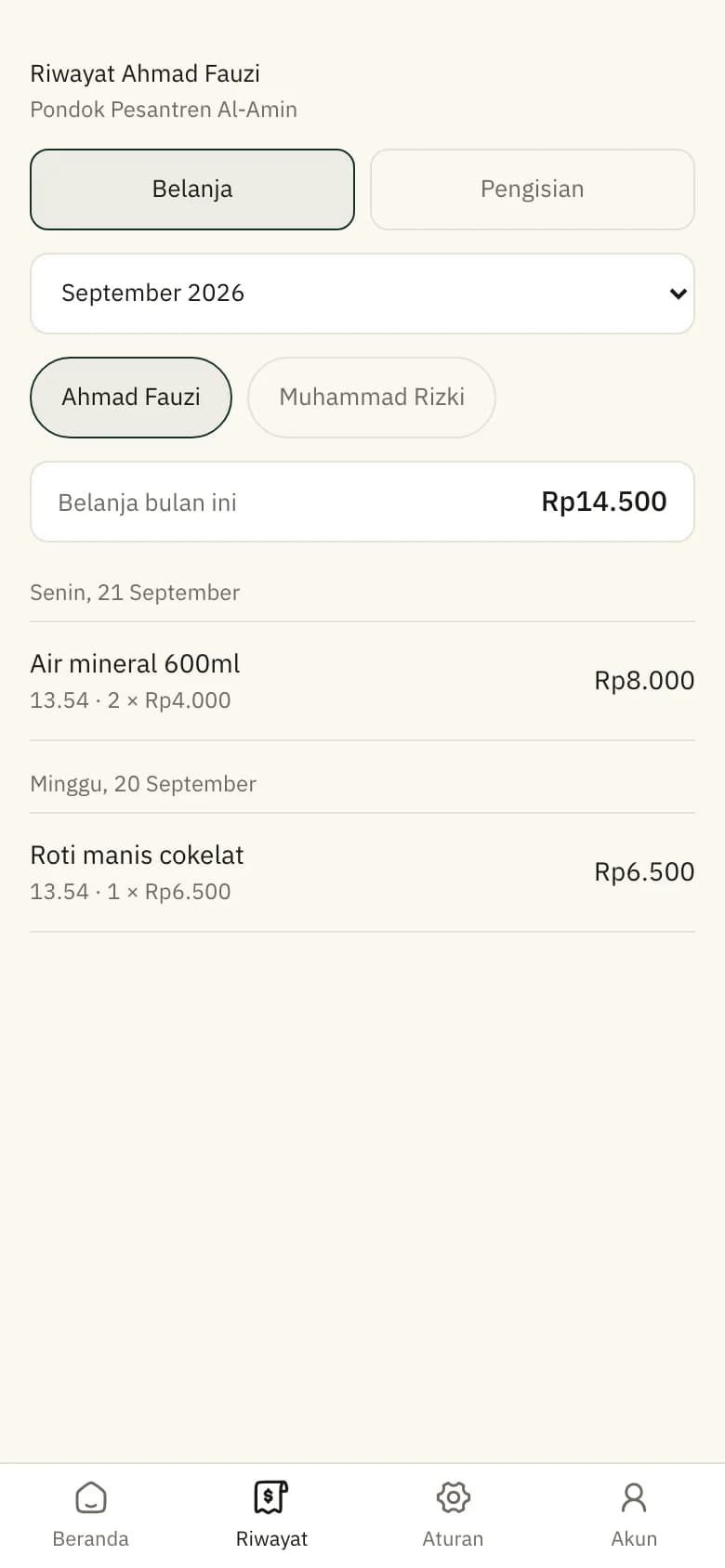 Riwayat belanja di aplikasi wali, dikelompokkan per tanggal